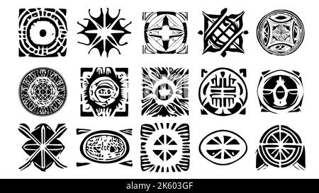 Set di elementi esoterici di design in stile grunge. Simboli mistici con forme irregolari e bordi ruvidi. Nero silhouette clipart. Illustrazione Vettoriale