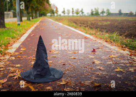 Cappello nero strega abbandonato su una strada rossa con foglie cadute in autunno in una giornata piovosa. Sfondo di Halloween con spazio di copia. Foto Stock