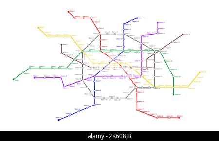 Mappa della metropolitana con molte linee e stazioni colorate. Modello di schema della metropolitana. Piano infografico della rete pubblica di trasporto sotterraneo rapido isolato su sfondo bianco. Illustrazione piatta vettoriale Illustrazione Vettoriale