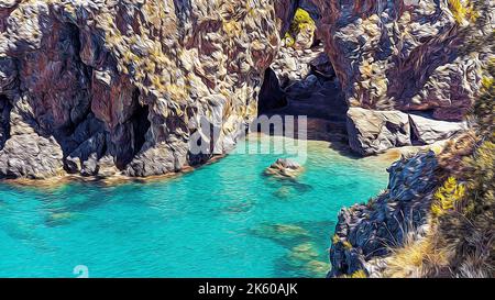 Arco Magno, grande arco di rocce e scogliere che si affaccia sul mare, splendida spiaggia nascosta di sabbia e ciottoli, paradiso subacqueo nel Mar Mediterraneo Foto Stock