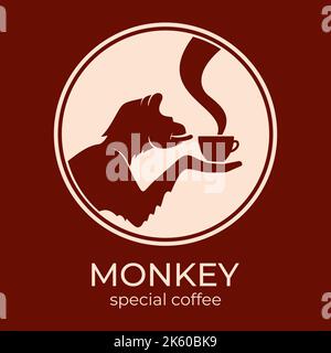 Scimmia con una tazza di caffè o tè. Logo o badge per caffè e caffè. Illustrazione vettoriale. Logo speciale. Illustrazione Vettoriale