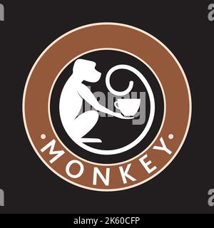 Scimmia con una tazza di caffè o tè. Logo o badge per caffè e caffè. Illustrazione vettoriale. Logo speciale. Illustrazione Vettoriale