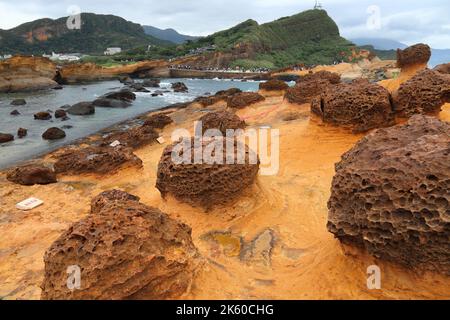 Taiwan paesaggio. Bizzarre formazioni rocciose a Yehliu Geopark vicino Taipei. Foto Stock