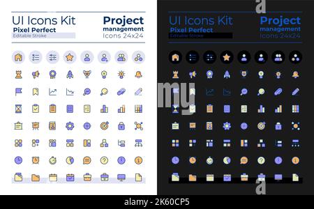 Kit icone interfaccia utente pixel Perfect RGB a colori per la gestione dei progetti in modalità scura e chiara Illustrazione Vettoriale