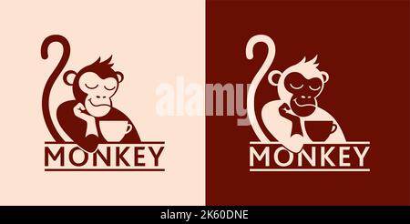 Scimmia con una tazza di caffè o tè. Logo o badge per caffè e caffè. Illustrazione vettoriale. Logo speciale. Illustrazione Vettoriale