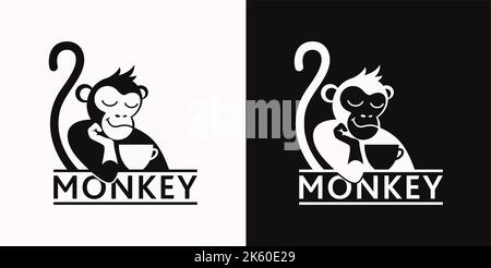 Scimmia con una tazza di caffè o tè. Logo o badge per caffè e caffè. Illustrazione vettoriale. Logo speciale. Illustrazione Vettoriale