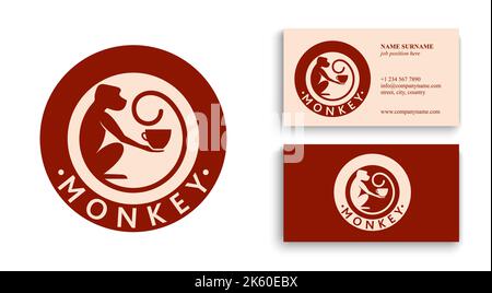 Scimmia con una tazza di caffè o tè. Logo o badge per caffè e caffè. Illustrazione vettoriale. Logo speciale. Illustrazione Vettoriale