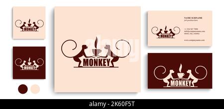Scimmia con una tazza di caffè o tè. Logo o badge per caffè e caffè. Illustrazione vettoriale. Logo speciale. Illustrazione Vettoriale