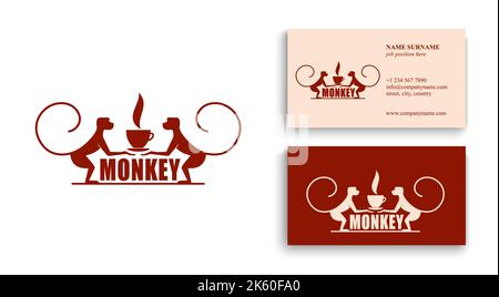 Scimmia con una tazza di caffè o tè. Logo o badge per caffè e caffè. Illustrazione vettoriale. Logo speciale. Illustrazione Vettoriale