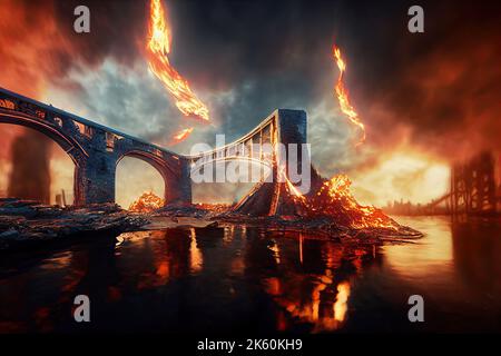 3D illustrazione di un'esplosione sul Kerch Strait Bridge di Crimea in fiamme. Un campo di battaglia infernale in una città desolata dell'Ucraina è il concetto di Foto Stock