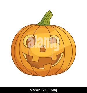 Buona testa di zucca Jack-o-Lantern. Un carattere tradizionale per Halloween. Elemento di design semplice per biglietti d'auguri, poster, adesivi, striscioni e decorazioni per le feste. Carino cartone animato piatto illustrazione. Illustrazione Vettoriale