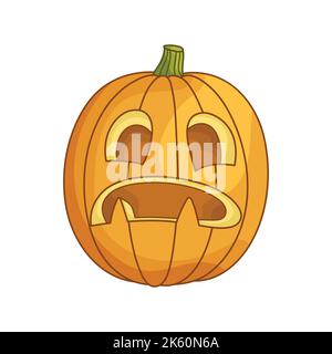Sorpresa Jack-o-lanterna zucca testa. Un carattere tradizionale per Halloween. Elemento di design semplice per biglietti d'auguri, poster, adesivi, striscioni e decorazioni per le feste. Carino cartone animato piatto illustrazione. Illustrazione Vettoriale