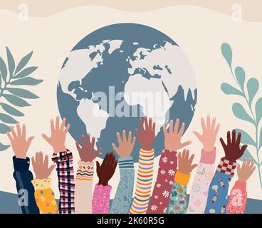 Gruppo di mani alzate di gioiosi e felici bambini multiculturali. Mani su di bambini da nazioni e culture diverse. Diversità. Sfondo terra del globo. Illustrazione Vettoriale