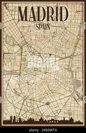 Mappa stampata a mano della rete stradale del centro di MADRID, SPAGNA Illustrazione Vettoriale