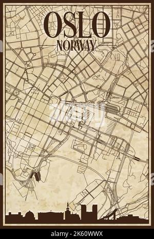 Mappa stampata a mano della rete stradale del centro di OSLO, NORVEGIA Illustrazione Vettoriale