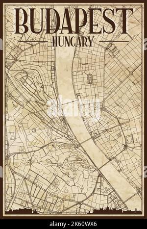 Mappa stampata a mano della rete delle strade del centro di BUDAPEST, UNGHERIA Illustrazione Vettoriale