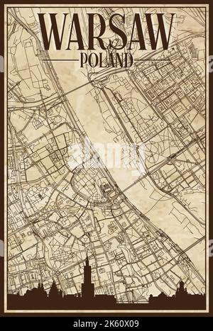 Mappa stampata a mano della rete stradale del centro di VARSAVIA, POLONIA Illustrazione Vettoriale