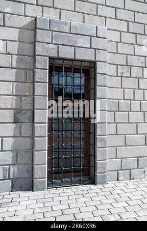 Vecchia casa classica in mattoni con porta in vetro e ringhiera in metallo nero per la sicurezza. Texture delle porte e sfondo. Foto di alta qualità Foto Stock