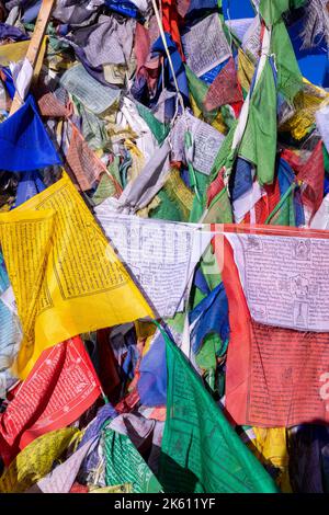 Bandiere di preghiera buddhiste con Leh sullo sfondo, Leh, Ladakh, India Foto Stock
