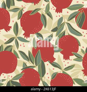 Motivo tropicale senza cuciture con frutti di melograno sfondo ripetuto. Stampa vettoriale brillante per tessuti o sfondi. Foto Stock