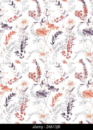 Il vettoriale digitale senza cuciture ha dipinto a mano gigli e foglie di colore ridotto con motivo a prato selvatico.Set di fiori ad acquerello. Eleganti fiori pittoreschi su bianco Foto Stock