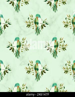 fiori tropicali orchidee e pappagalli, acquerello illustrazione botanica. Ripetizioni senza giunture. Love uccelli dipinto a mano senza cuciture motivo Foto Stock