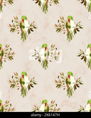 fiori tropicali orchidee e pappagalli, acquerello illustrazione botanica. Ripetizioni senza giunture. Love uccelli dipinto a mano senza cuciture motivo Foto Stock