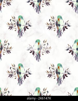 fiori tropicali orchidee e pappagalli, acquerello illustrazione botanica. Ripetizioni senza giunture. Love uccelli dipinto a mano senza cuciture motivo Foto Stock