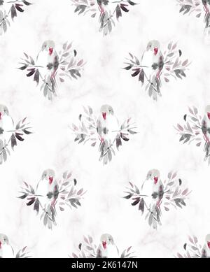 fiori tropicali orchidee e pappagalli, acquerello illustrazione botanica. Ripetizioni senza giunture. Love uccelli dipinto a mano senza cuciture motivo Foto Stock