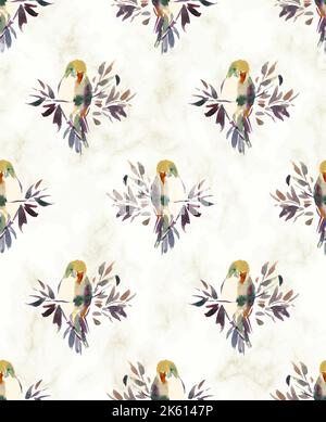 fiori tropicali orchidee e pappagalli, acquerello illustrazione botanica. Ripetizioni senza giunture. Love uccelli dipinto a mano senza cuciture motivo Foto Stock