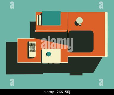 Vista dall'alto di una scrivania con diversi strumenti in un ufficio Illustrazione Vettoriale