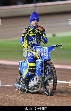 Manchester, Regno Unito. 10th Ott 2022. Lewis Kerr di Sheffield ‘TruPlant’ Tigers durante la prima tappa della Premiership Grand Final al National Speedway Stadium di Manchester, lunedì 10th ottobre 2022. (Credit: Eddie Garvey | MI News) Credit: MI News & Sport /Alamy Live News Foto Stock