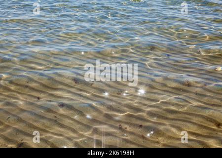 Riflessi d'onda sulla sabbia. Sole riflesso in mare sulla spiaggia di sabbia. Luce del sole subacquea riflessi sulla sabbia creati da piccole onde sulla riva. Foto Stock