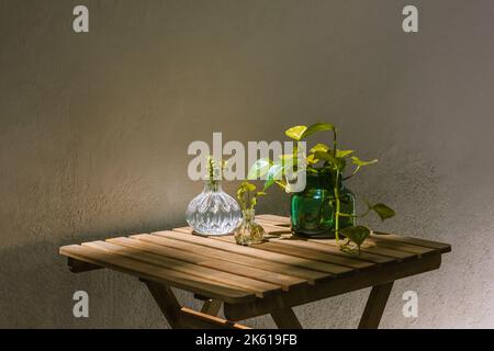 Composizione di varie piante verdi fresche in vasi di vetro di diverse forme e dimensioni disposti su un tavolo di legno vicino a una parete bianca in terrazza Foto Stock