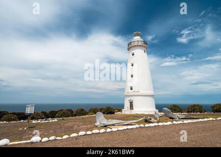 Faro di Cape Willoughby contro il cielo blu con le nuvole in una giornata intensa, Kangaroo Island, South Australia Foto Stock