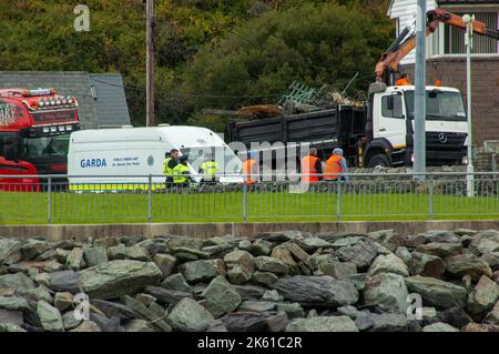 Bantry West Cork Irlanda, 11 ottobre 2022, ;Gardaí dove è chiamato per assistere gli addetti alle pulizie in un luogo di sosta a Bantry. L'equipaggio, che è stato incaricato dal consiglio della contea di Cork per liberare una parte non autorizzata del sito, ha dovuto affrontare una forte opposizione e ha dovuto ottenere l'assistenza di garda. Ad un certo punto si diceva che ci fossero circa 30 ufficiali del garda in scena. Credito; ed/Alamy Live News Foto Stock