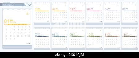 Modelli di calendario 2023. 12 mesi, semplice calendario verticale mensile Corporate design Layout in inglese. La settimana inizia da domenica. 3D vettore isolato i Illustrazione Vettoriale