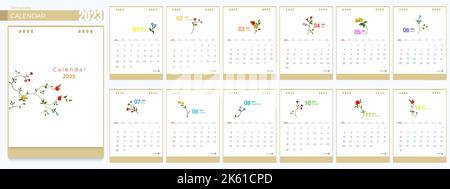 Modelli di calendario 2023. 12 mesi, semplice calendario verticale mensile Corporate design Layout in inglese. La settimana inizia da domenica. 3D vettore isolato i Illustrazione Vettoriale