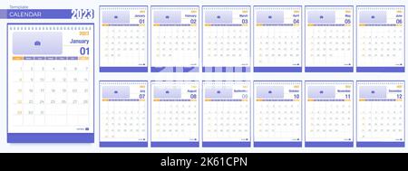 Modelli di calendario 2023. 12 mesi, semplice calendario verticale mensile Corporate design Layout in inglese. La settimana inizia da domenica. 3D vettore isolato i Illustrazione Vettoriale