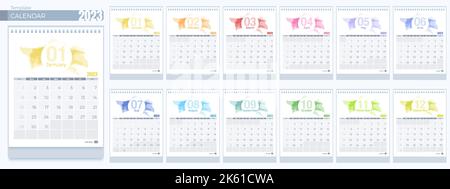 Modelli di calendario 2023. 12 mesi, semplice calendario verticale mensile Corporate design Layout in inglese. La settimana inizia da domenica. 3D vettore isolato i Illustrazione Vettoriale