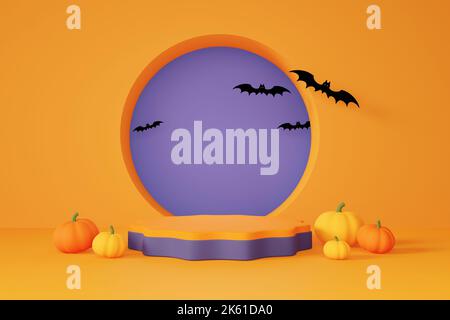 Espositore per prodotti in 3D colori arancione e viola con zucche e pipistrelli volanti su sfondo arancione. Tema felice di Halloween. Foto Stock