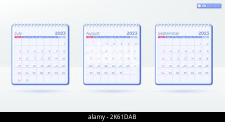 Calendario 3 mesi 2023 modelli. Semplice calendario verticale mensile design aziendale Layout in inglese. La settimana inizia da domenica. 3D vettore isolato ILL Illustrazione Vettoriale