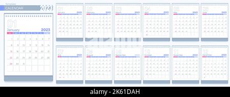 Modelli di calendario 2023. 12 mesi, semplice calendario verticale mensile Corporate design Layout in inglese. La settimana inizia da domenica. 3D vettore isolato i Illustrazione Vettoriale