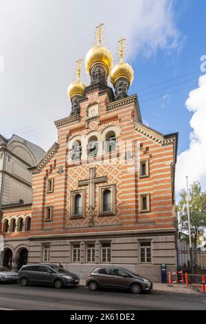 Copenaghen, Danimarca. Ottobre 2022. Vista esterna della Chiesa ortodossa russa di San Alessandro Nevsky nel centro della città Foto Stock