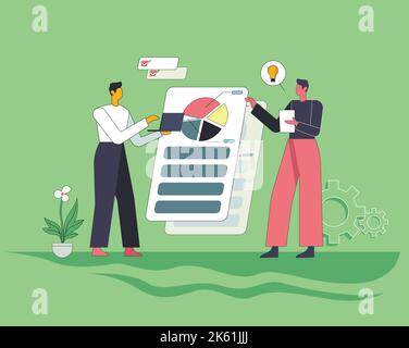 Un'illustrazione di due persone che eseguono l'analisi dei dati su sfondo verde Illustrazione Vettoriale