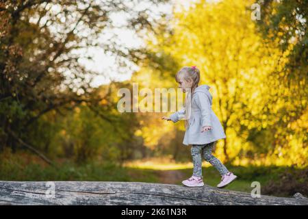 La ragazza carina bilancia su un ceppo caduto nel parco. Foto Stock