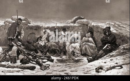 Soldati francesi riposati in una trincea durante l'assedio di Parigi nella guerra franco-prussiana del 1870. Dopo un dipinto di Alphonse de Neuville. Foto Stock