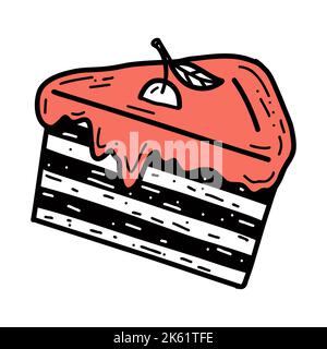 Pezzo di torta con ciliegia in stile doodle Illustrazione Vettoriale