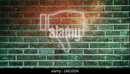 Composito di icona pulsante luminoso dissimile contro muro di mattoni, copia spazio Foto Stock