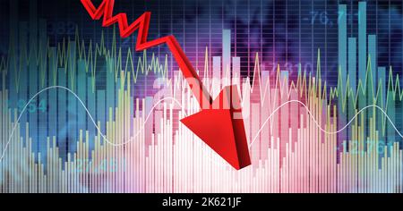 Il declino del mercato e il crollo del mercato finanziario come una freccia rossa verso il basso che punta verso il basso con il grafico di affari di finanza e grafico che rappresenta un mercato azionario. Foto Stock